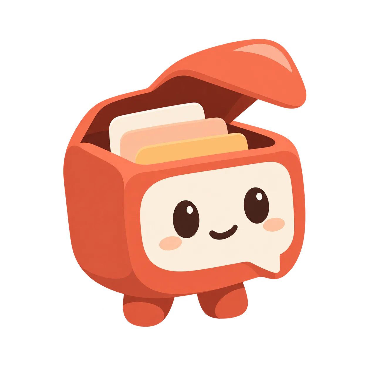 Boxie, a smiling coral inbox creature with a conversation-bubble face